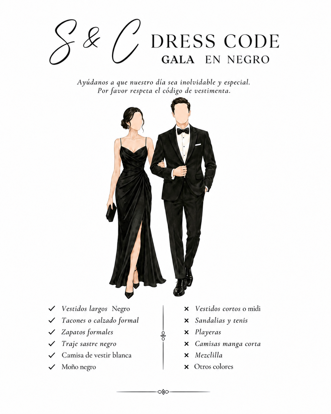 Guía de código de vestimenta: gala en negro para Sheccid y Caleb